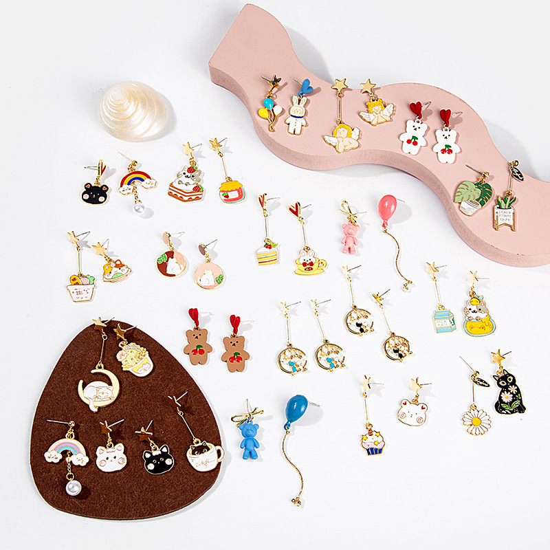 Drop Earrings Classification 1 Pair Cartoon Style Cat Asymmetrical Enamel Plating Alloy Drop Earrings