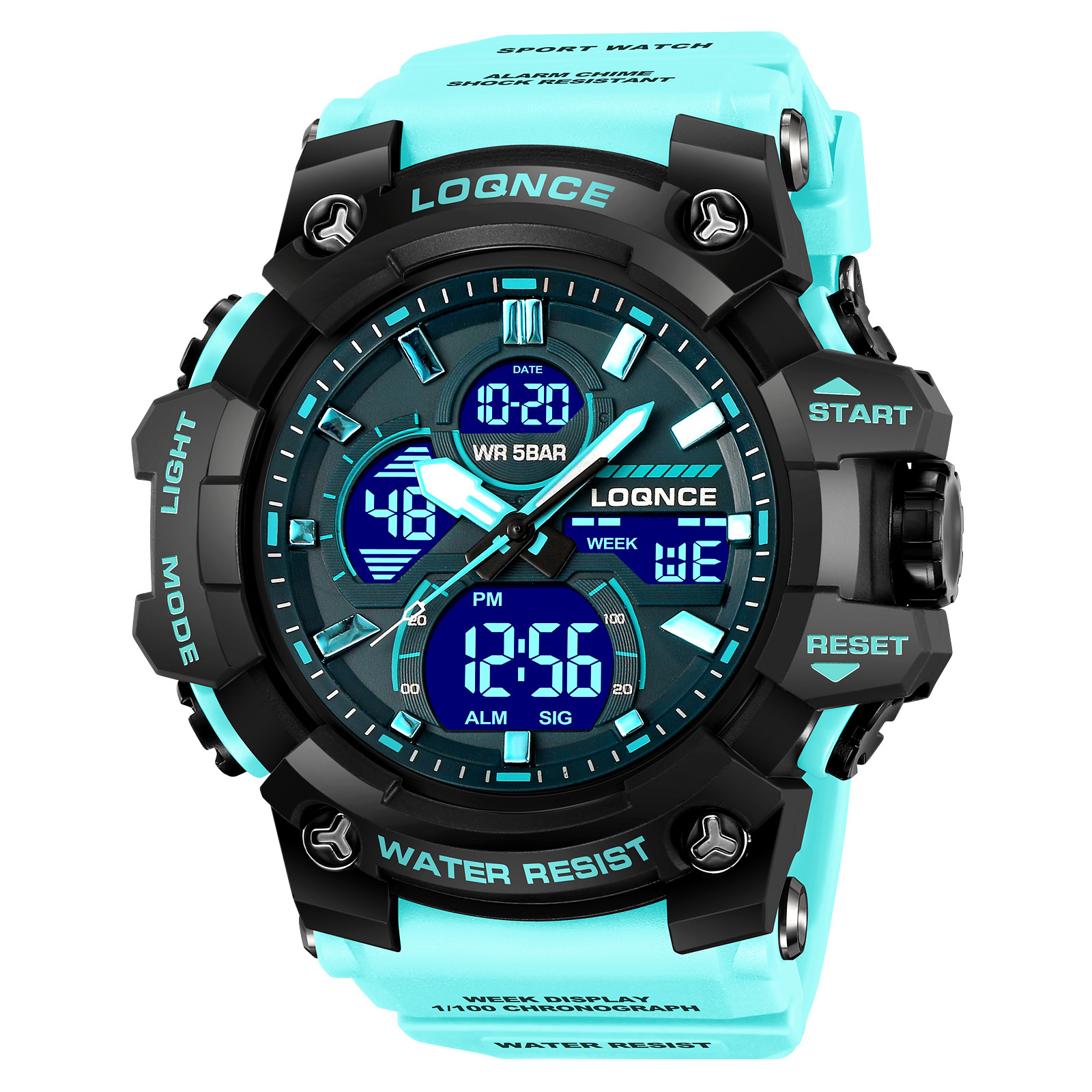 LOQNCE gran dial reloj deportivo nocturno electrónico multifunción cronógrafo cinta adhesiva reloj de pulsera 98007