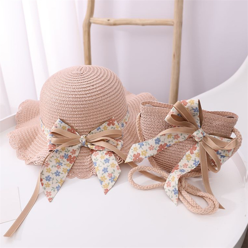 Double-layer large bow wavy edge straw hat-pink