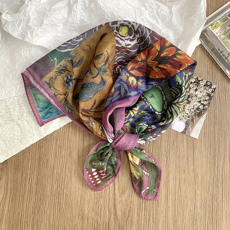 Bufanda de seda, bufanda cuadrada pequeña, pintura al óleo de Van Gogh, bufanda pequeña de seda de imitación de impresión exquisita, bufanda en la cabeza de moda, mantón exterior