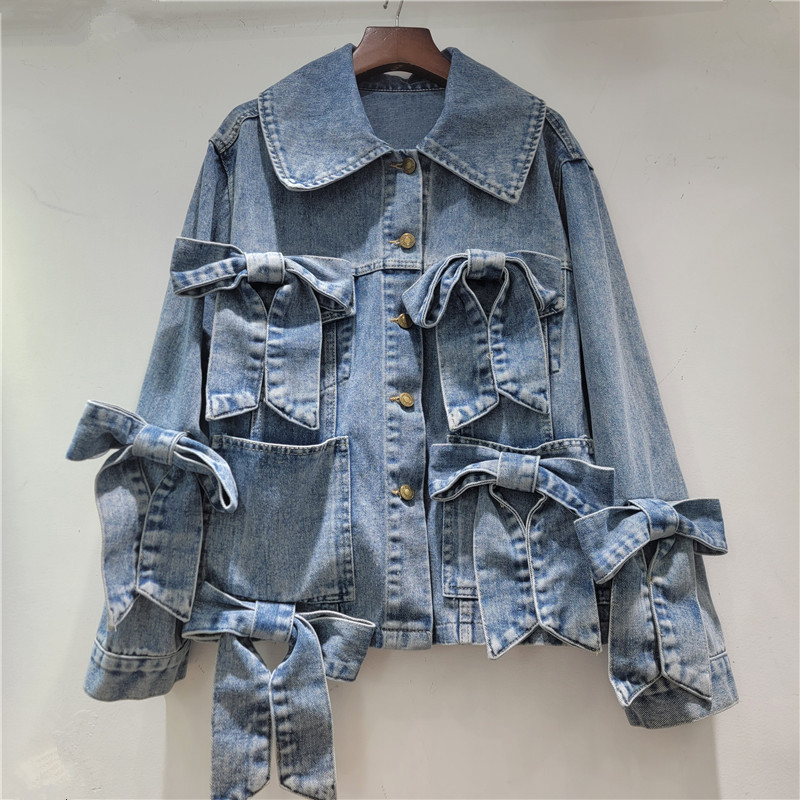 European and American Style 2026 Spring New Design Large Lapel Denim Jacket with Sweet Bow Embellishments European and American Style 2026 Spring New Design Large Lapel Denim Jacket with Sweet Bow Embellishments