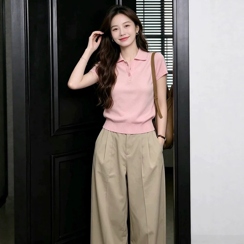 Summer Ootd Outfit: Pink Polo Collar Short-Sleeved Knit Top for Women, Stylish and Youthful-Looking, Super Pretty Top Summer Ootd Outfit: Pink Polo Collar Short-Sleeved Knit Top for Women, Stylish and Youthful-Looking, Super Pretty Top