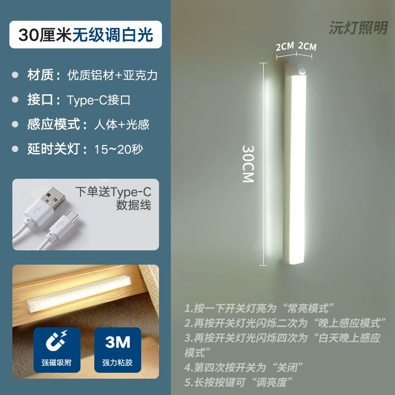 Ultra-thin Smart LED Motion Sensor Light, Type-C Rechargeable, Magnetic Self-adhesive