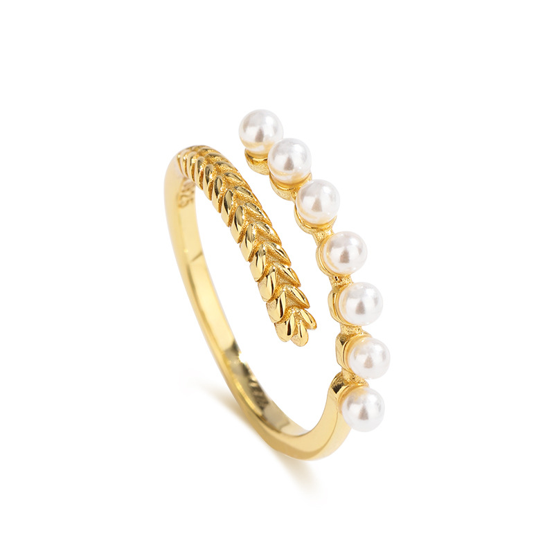 Anillo de perlas de oreja de trigo hembra abierta 925 Luz de plata de ley de lujo de alto grado sentido nicho diseño anillo de viento frío anillo de dedo índice