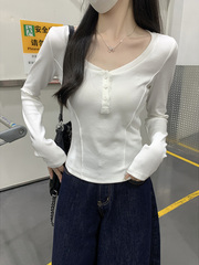 拉夏贝尔灰色短款鱼骨长袖t恤女春秋2025新款修身显瘦内搭打底衫