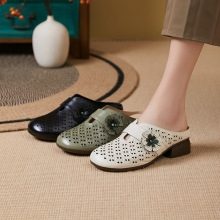 头层牛皮包头拖鞋夏季镂空透气女鞋复古妈妈鞋中跟一字拖鞋外穿
