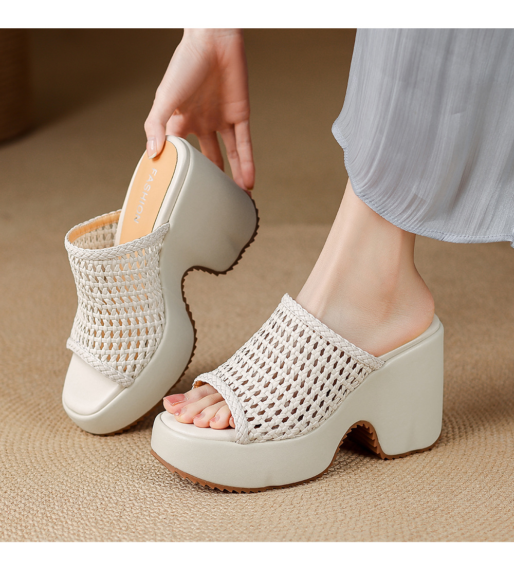 Sandal cao gót nữ hở mũi đế xuồng đan lát phong cách La Mã — màu đen, màu trắng ngà, bạc chi tiết 7