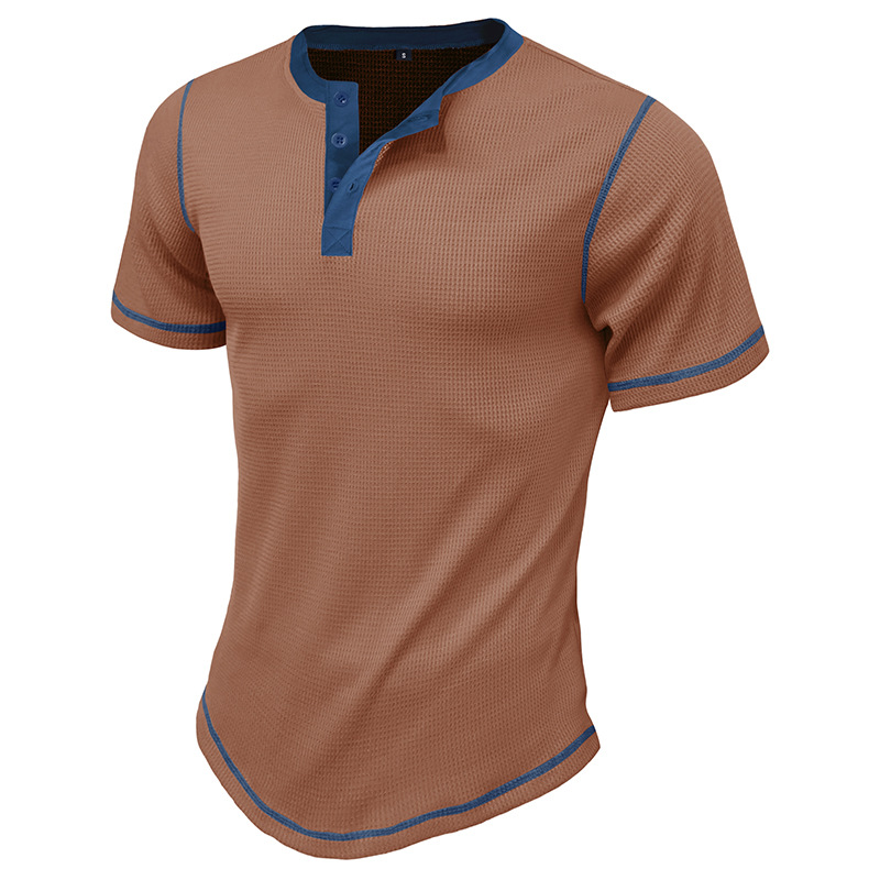 Herren 2023 Sommer Kurzarm Henley Shirt Schönes lässiges Retro T-Shirt Waffel Farbblock Rundhalsshirt_voghion.com
