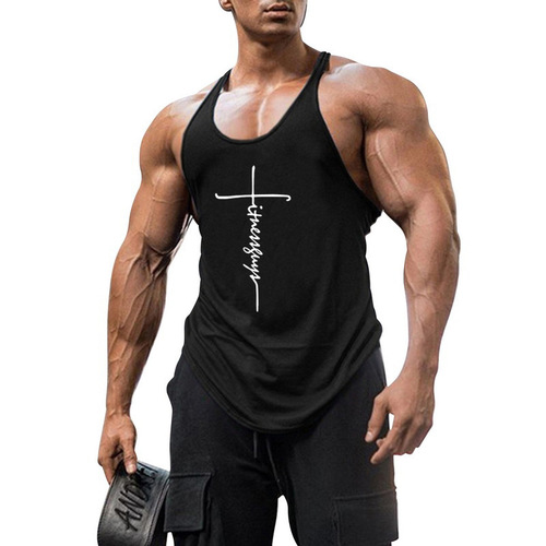 Stylish professional pure-cotton bodybuilding fitness vest with deep 1cm-cutout design and delicate thin shoulder straps—perfect for muscular men who love sports.
