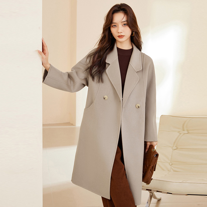 New Wool Double-Sided Woolen Outwear Suit Collar Double-Breasted Elegant Cocoon-Shaped Preppy Style Casual Woolen Large Size Outwear
