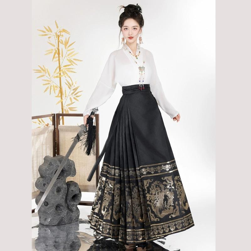 新しいYitangdiyaoオリジナル中国風の新しい中国風の馬面スカート明代漢服女性の日常改良スカートスーツ|undefined