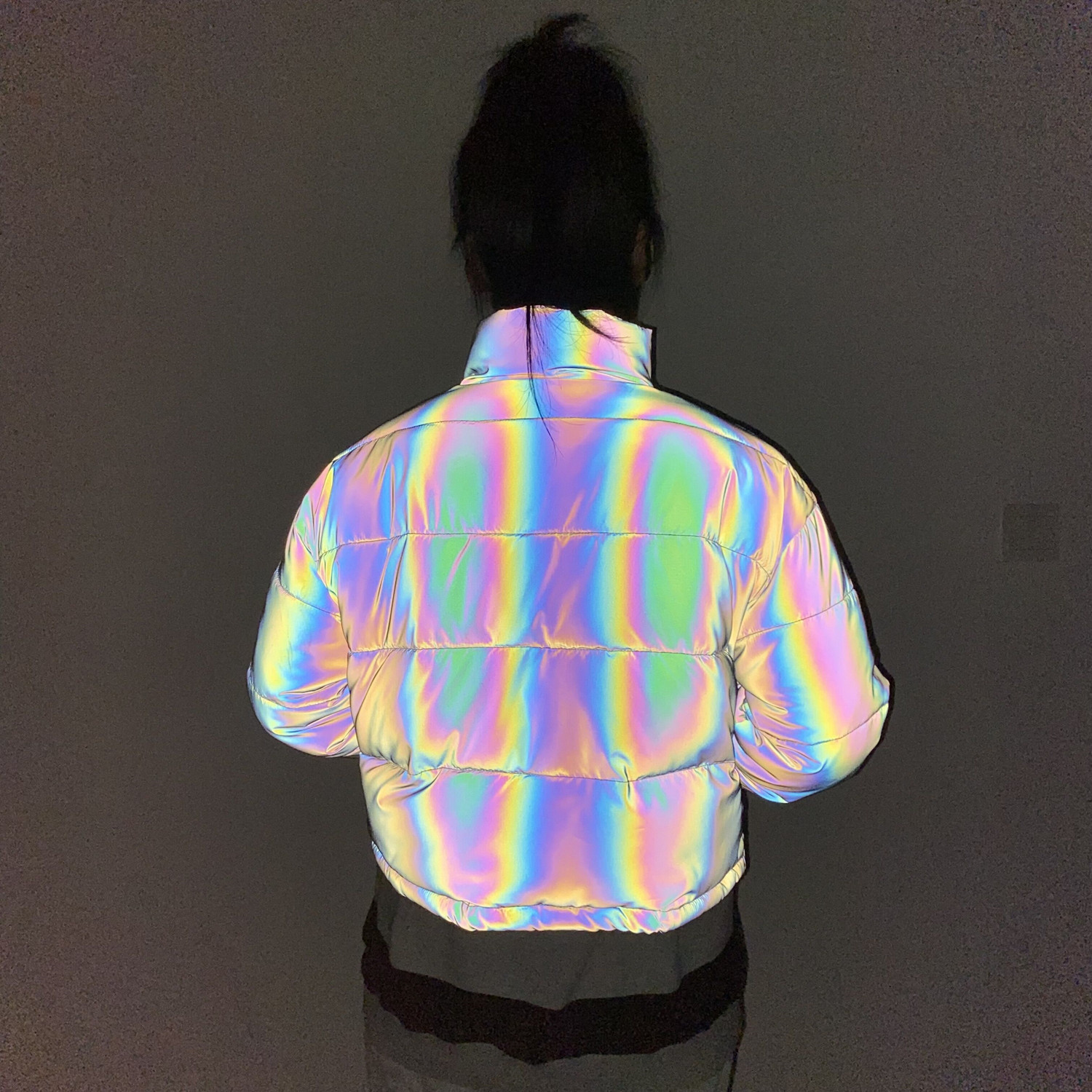 Men's Clothing stand collar reflective cotton coat for women fashion luminous thick cotton coat_voghion.com