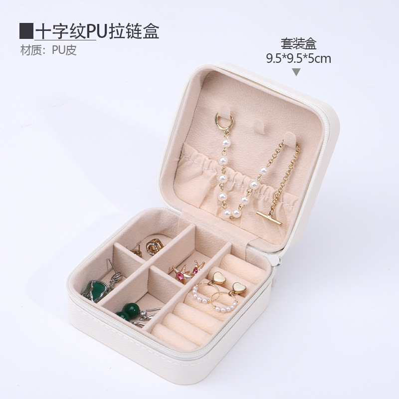 Caja de almacenamiento de joyería de cuero de PU portátil caja de embalaje de joyería de cremallera caja de joyería de almacenamiento de viaje con caja de collar de anillo de espejo