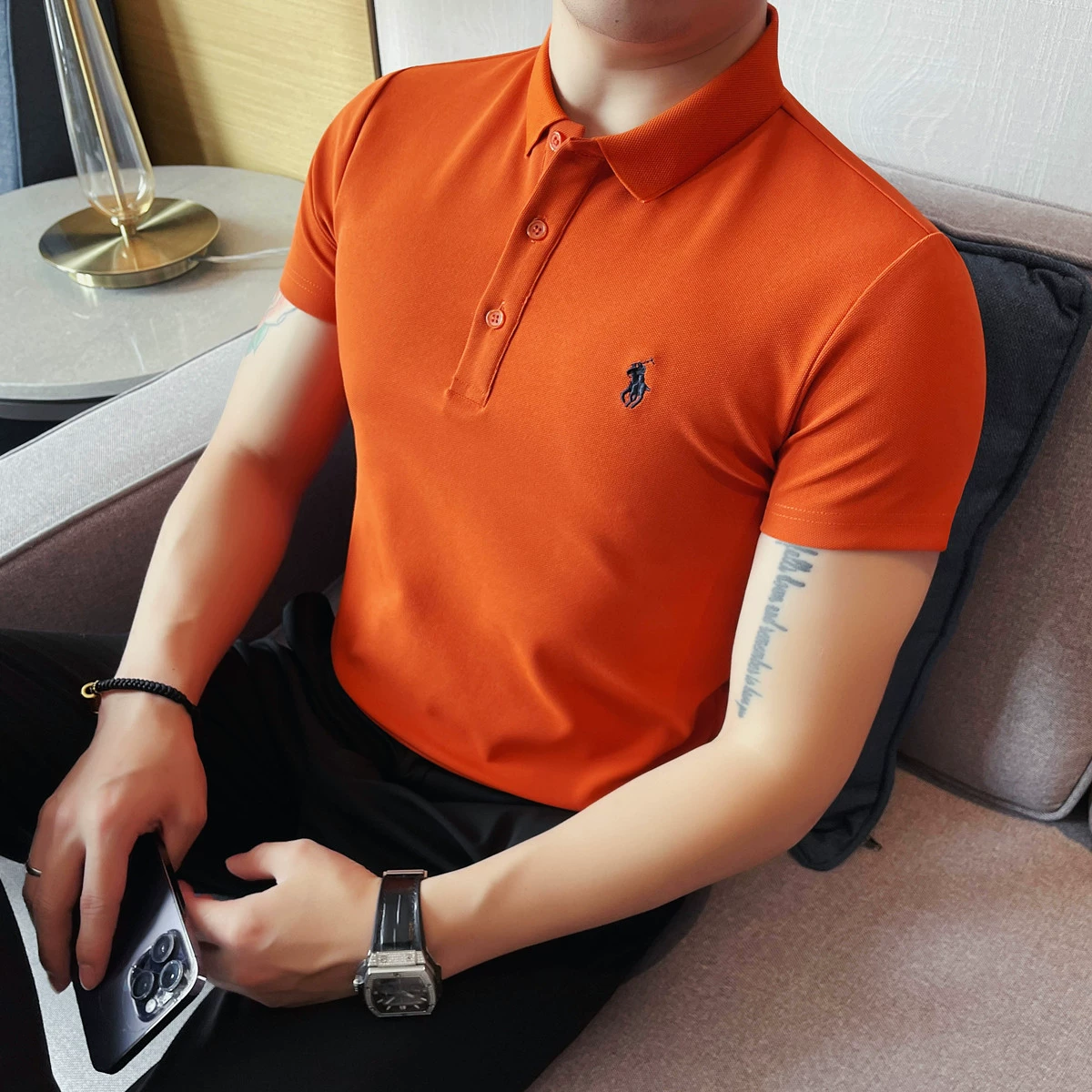 Футболка-поло мужская с коротким рукавом, дышащая сетчатая, с вышивкой, летняя, с отложным воротником