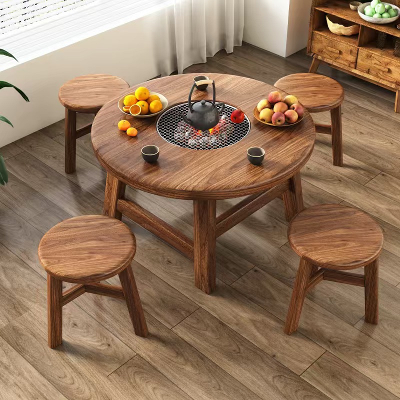 老榆木围炉煮茶桌户外露营烧烤桌阳台禅意煮茶桌实木阳台泡茶桌