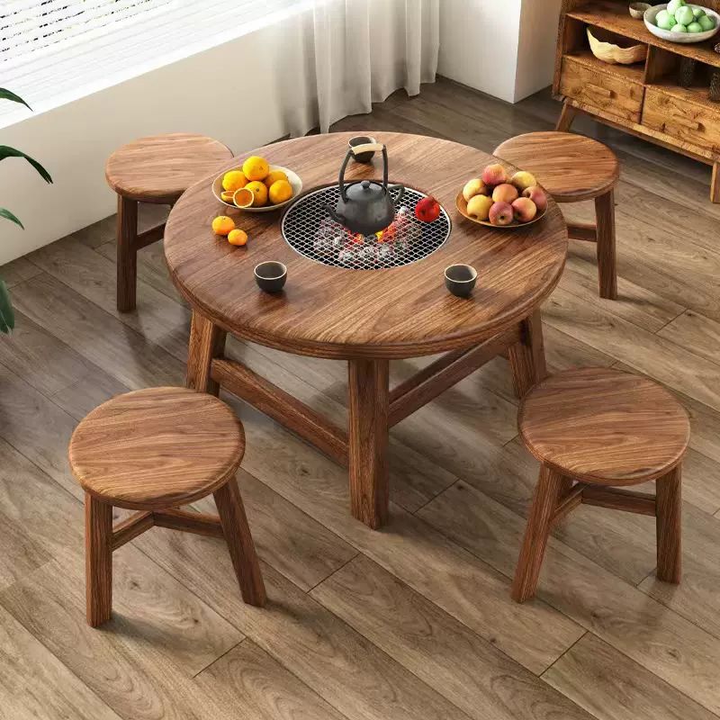 老榆木围炉煮茶桌户外露营烧烤桌阳台禅意煮茶桌实木阳台泡茶桌