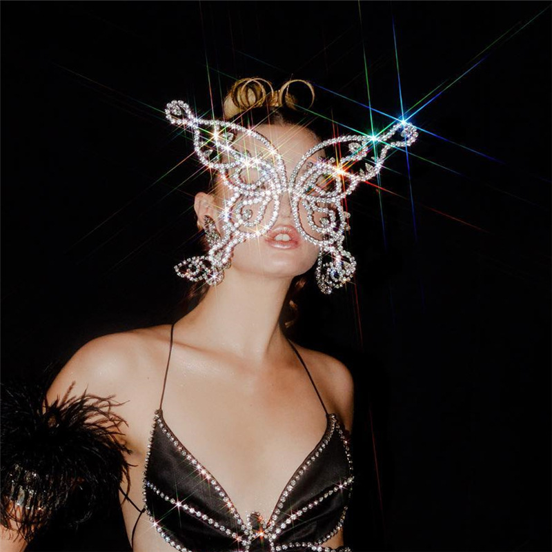 Cross-border hot-selling accessories luxury crystal white masquerade mask European and American exaggerated butterfly rhinestone face mask 