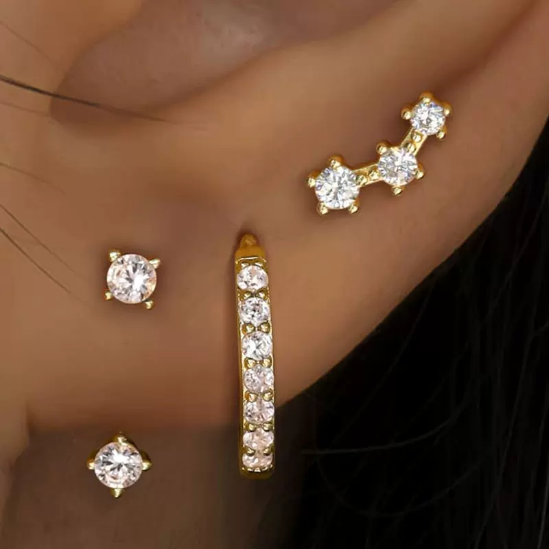 跨境欧美热卖耳环套装女款黄铜银针真金电镀耳扣耳钉6件套装批发