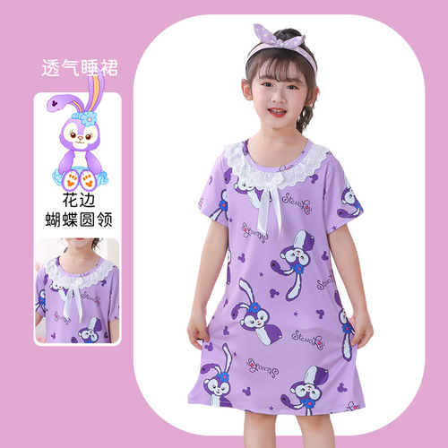 Girls' Summer Pajamas Short-sleeved Sweet Cartoon Lace Skirt Toddler One-piece Dress Children's Clothing for Middle and Older Kids Home Wear