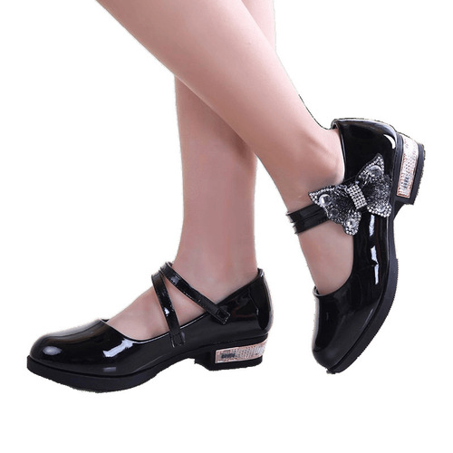 Children's New Single Shoes, Girls' Leather Shoes with Bowknot Princess Shoes, Middle-Aged Children's Single Shoes, Black School Performance Shoes