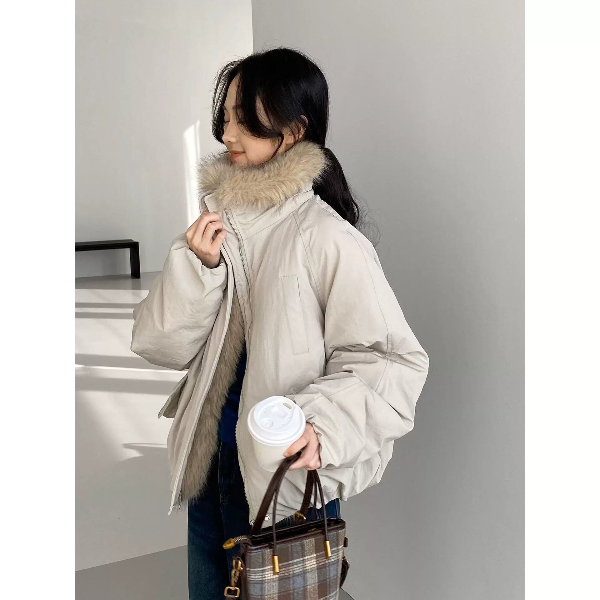 那末 冬日派克 韩系复古毛毛领羽绒服女立领宽松保暖外套C3561