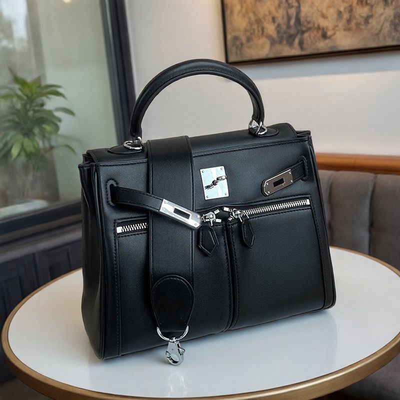 Retro high-grade light luxury lock Kelly bag wide shoulder strap leather shoulder large capacity handbag versatile commuter