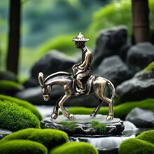 石沙盘微景盆景奇枯山水斗战胜佛悟空骑驴系列三禅意镀铜微型摆件