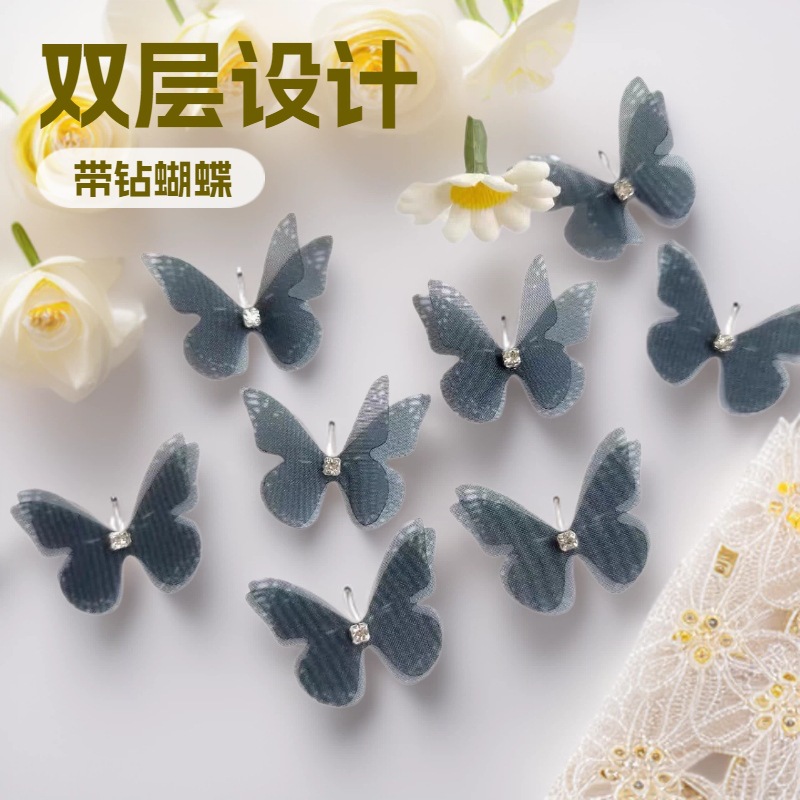 厂家直销2cm黑色双层带钻蝴蝶立体薄纱网纱蝴蝶diy美甲贴脸美妆