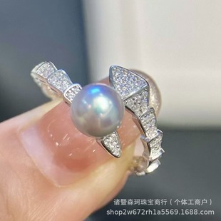 Special offer sea water really much hemp S925 sterling silver snake pearl ring 8-9mm round strong light fashion open ring
