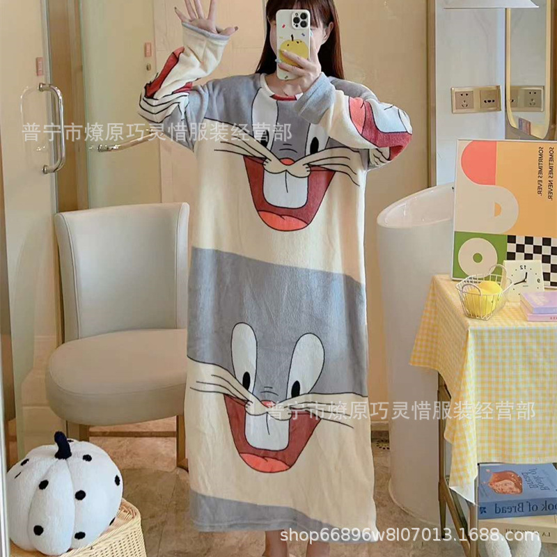 Pijamas de mujeres otoño invierno de franela lindo dibujo animado 2024 nuevo coral de lana gruesa falda cálida ropa para el hogar
