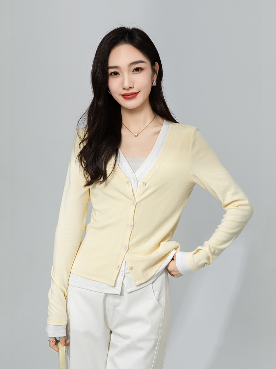 Áo cardigan cotton dệt kim cổ chữ V giả hai mảnh ngắn sành điệu — Màu vàng ngỗng