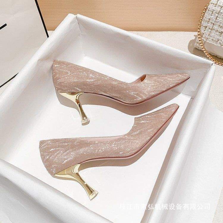Champagne Gold and Silver High Heels for Women 2025 Spring Elegant Lady Stiletto Design Niche Wedding Shoes Round Toe