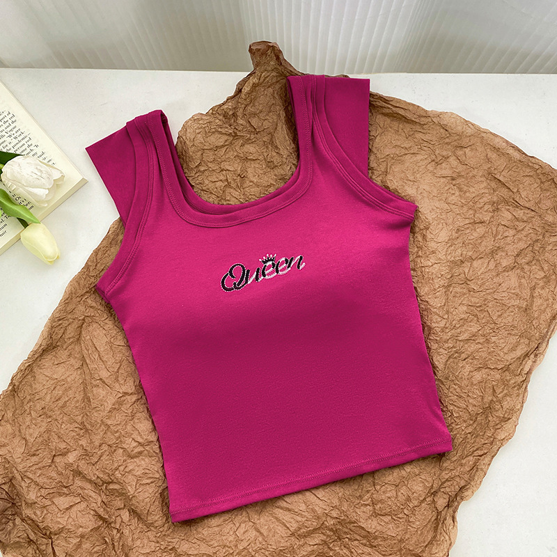 純綿の刺繍文字、小さなフライングスリーブ、外でも着用できるベスト、ファッショナブルなラウンドネック、オールインワンの固定カップ、快適、カジュアル、多用途|undefined
