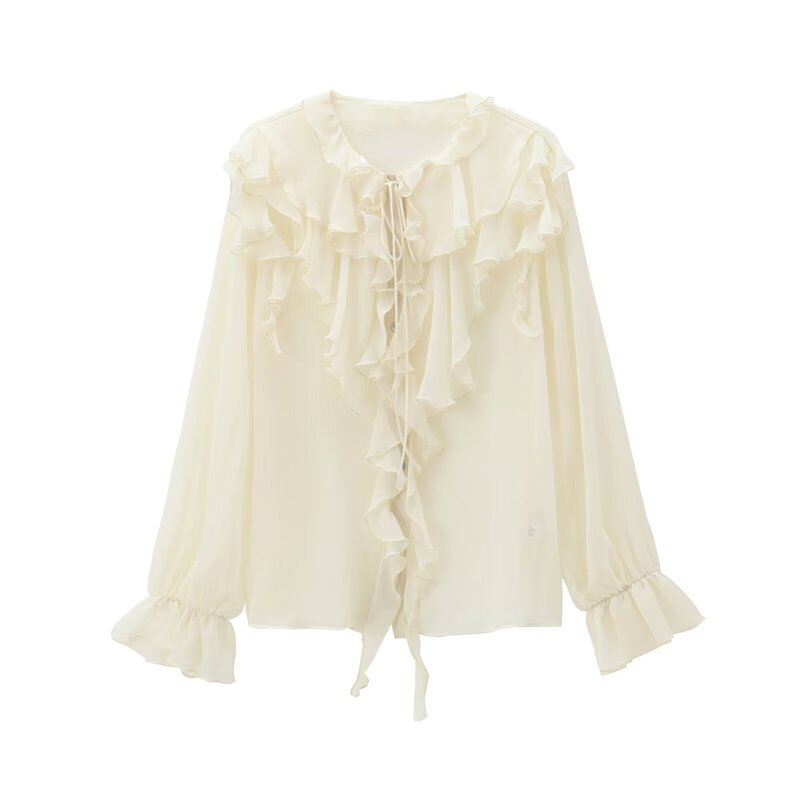 Autumn New French Design Women's White Ruffled Translucent Round Neck Lace-up Long Sleeve Layup Shirt