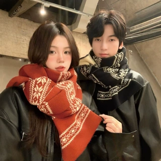 双面雪花费尔岛针织围巾秋冬情侣款保暖披肩仿羊绒围脖男女通用