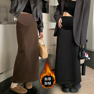 Slimming High Waist Wool Straight Outer Skirt Fashionable Long Pregnant Women's Skirt Spring Autumn Winter fleece-lined Long Skirt