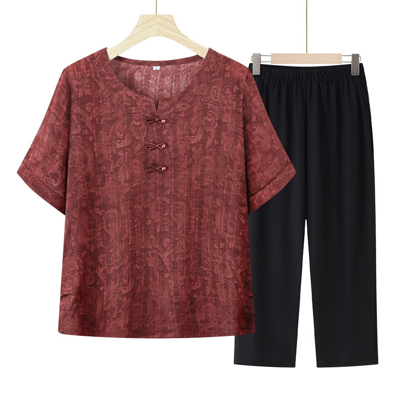 Summer Outfit Set for Middle-Aged and Elderly Women, Loose T-Shirt Short-Sleeve Two-Piece Set, Shirt for Elderly Mothers
