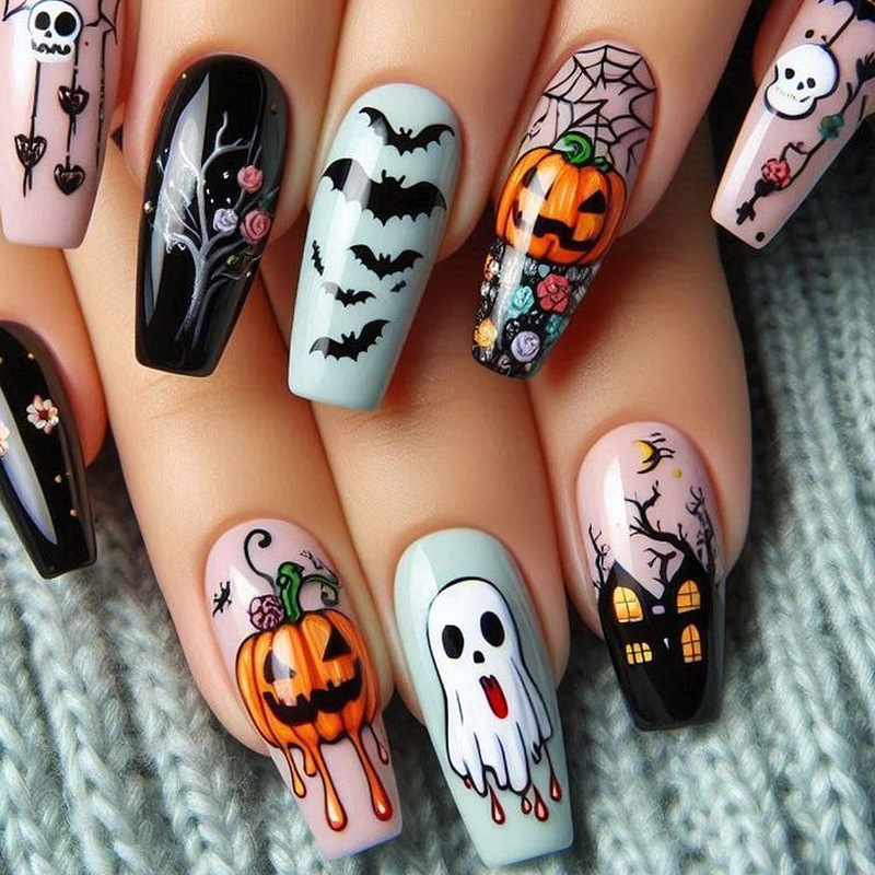 Halloween Wearable Nails Medium Ballet Flower Bat Pumpkin Castle Removable Fake Nails Manicure Nails