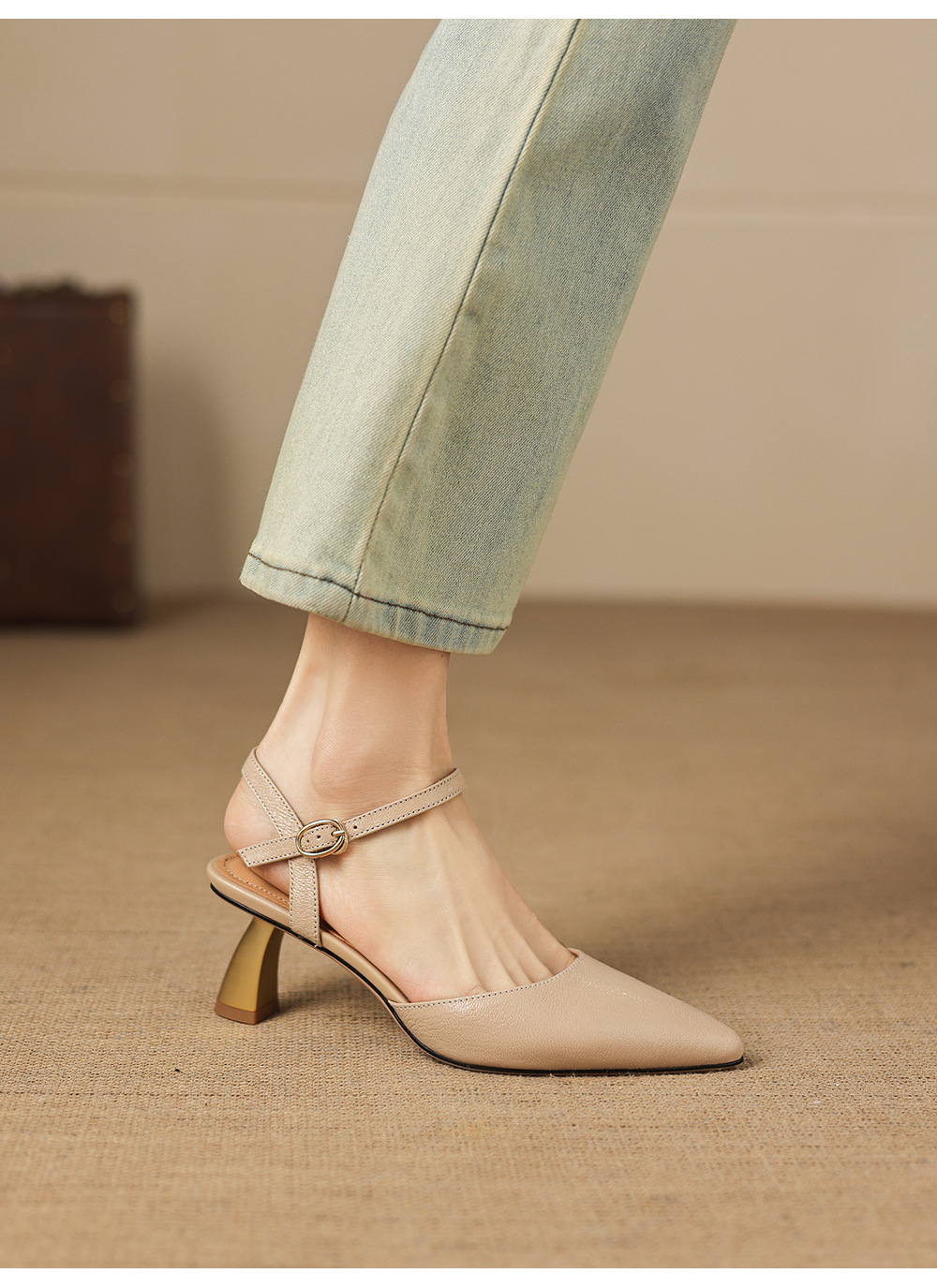 Sandal cao gót nữ mũi nhọn quai ngang da cừu bọc mũi — màu trắng ngà chi tiết 5