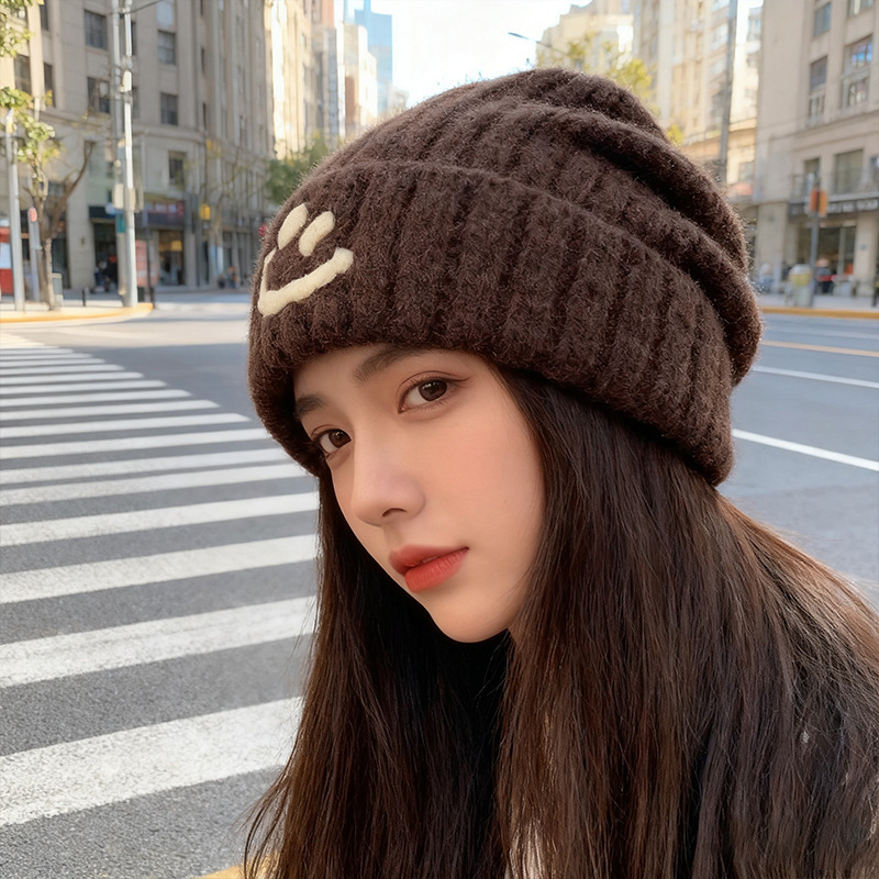 秋冬笑脸蓝色毛线帽子女加厚保暖大头围冷帽显脸小护耳针织堆堆帽|undefined