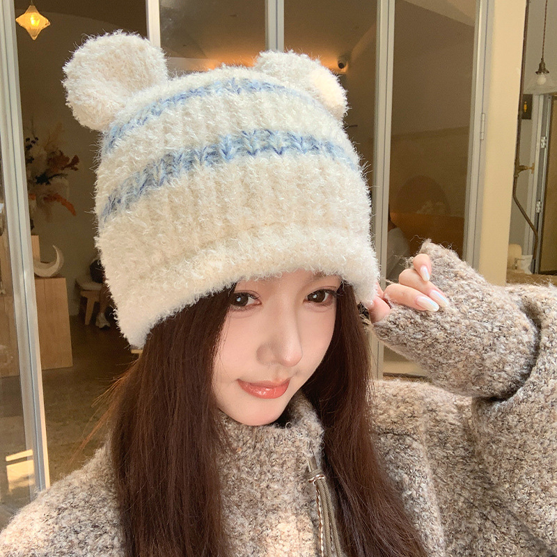 Korean-style cute cat ear hat for women in autumn and winter, Japanese-style knitted hat, woolen hat, warm and cold-proof hat, trendy headwrap hat Korean-style cute cat ear hat for women in autumn and winter, Japanese-style knitted hat, woolen hat, warm and cold-proof hat, trendy headwrap hat