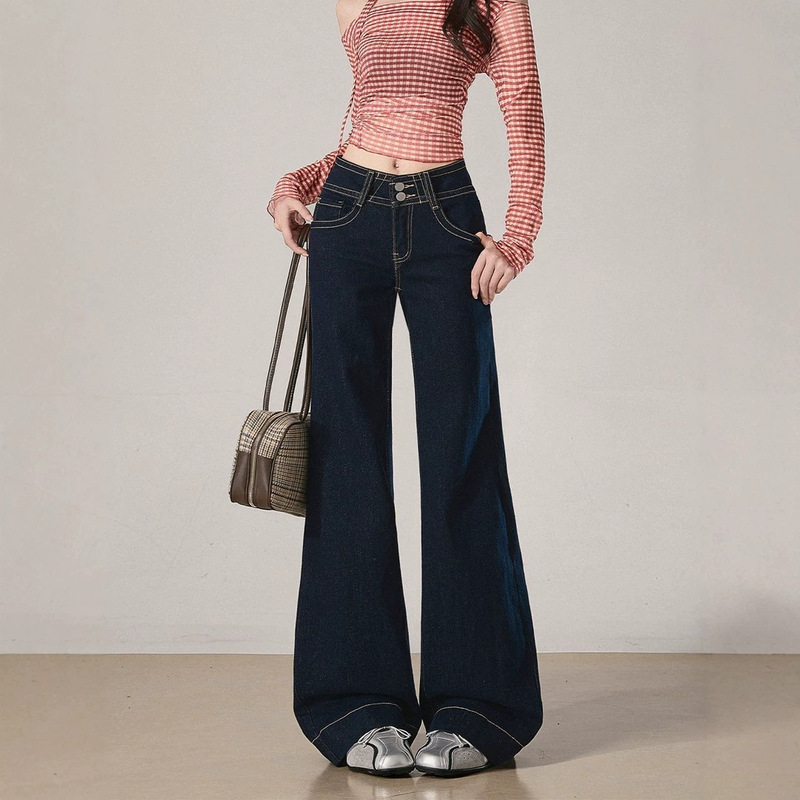 Petite Women's Stylish Denim Blue Flared Jeans for Spring and Summer, Non-Tight Low-Waist Loose Drapey Floor-Length Pants