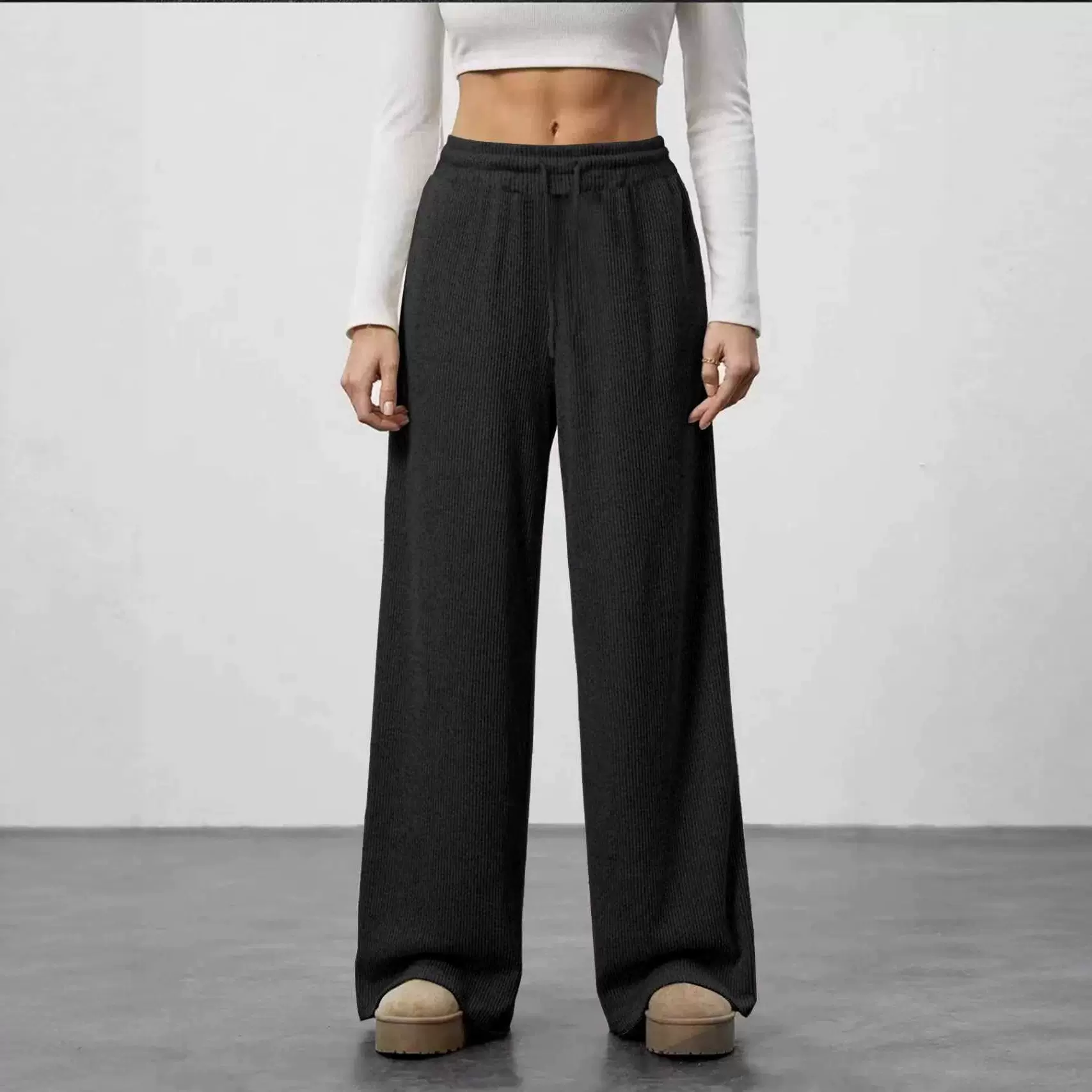 欧美外贸女士美式风竖状坑条抽绳高腰直筒裤，宽松版型带口袋