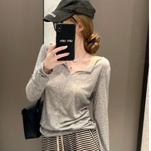 灰色V领长袖T恤女春秋新款设计感小众上衣显瘦薄款内搭复古打底衫