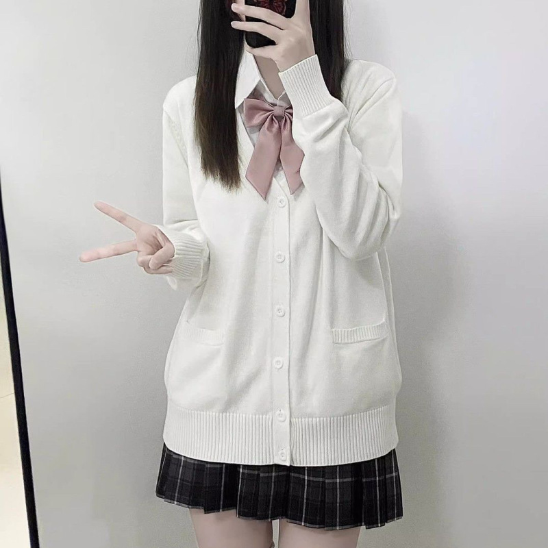 新しい日本のカレッジスタイルの春と秋のJKセーターゆるい純粋なマルチカラーのVネックニットカーディガン長袖ジャケット女性用|undefined