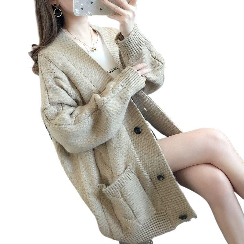 秋季新款V领中长款外穿针织女开衫纯色毛衣外套百搭洋气宽松休闲|undefined