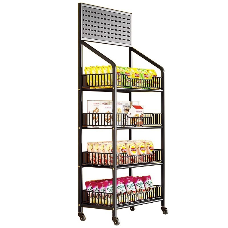 Estante metálico móvil para supermercado, bebidas y snacks, ideal para tiendas y mostradores.
