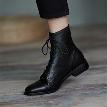 真皮马丁靴女新款靴子系带黑色小短靴软底中跟粗跟百搭秋冬女鞋潮