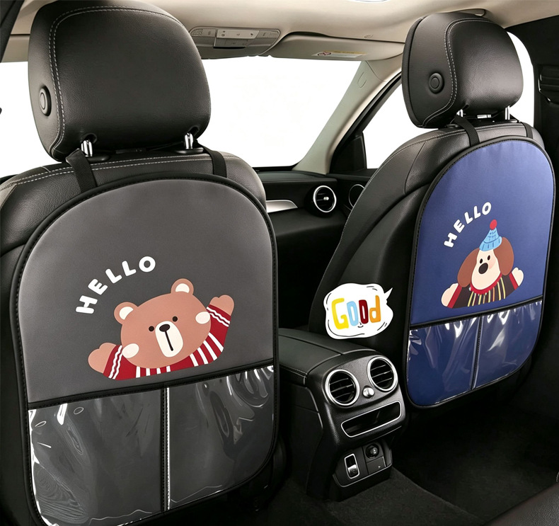 Women's Cute Cartoon Car Seat Back Anti-Kick Pad, Car Seat Back Anti-Stain Pad with Storage Strap