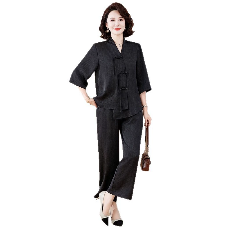 Летний костюм-двойка для мамы среднего возраста, новый широкий женский костюм с короткими рукавами в китайском стиле, женские широкие брюки на резинке